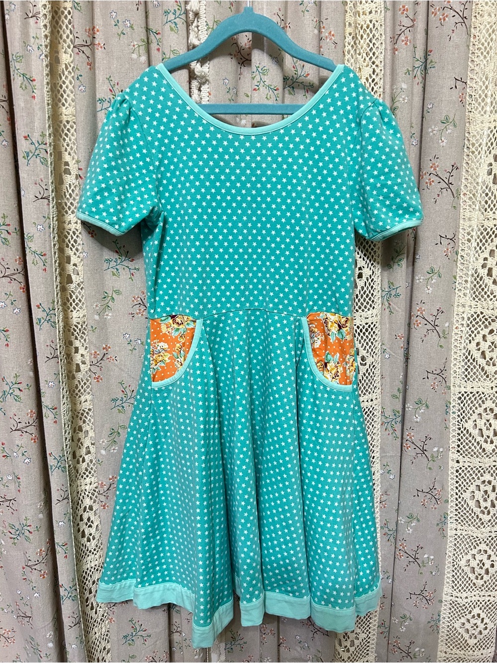 Serendipity by Sara Sara Girls XL 9-10 Aqua Star Pocket Dress Boutique EUC
